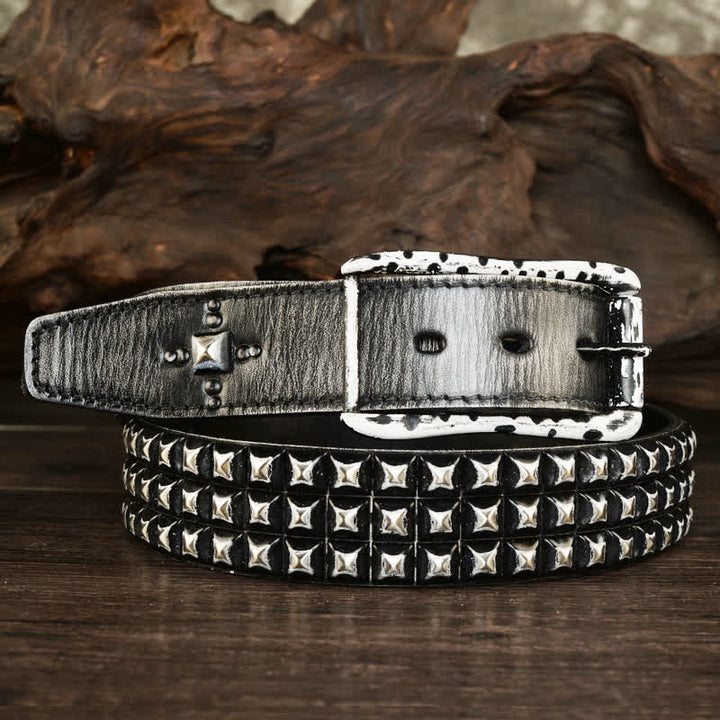 Cintura in pelle con borchie piramidali classiche a tre file da uomo - Nero - 44 - image 0