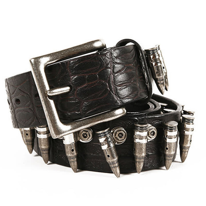 Cintura in pelle con motivo coccodrillo e borchie decorative da uomo
