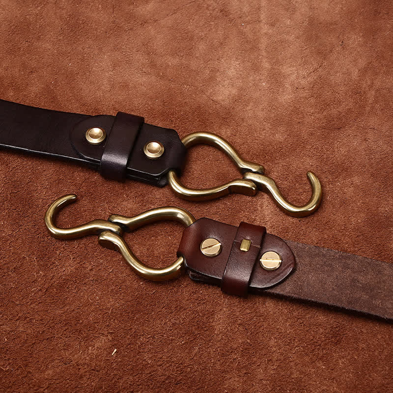 Cintura da uomo in pelle di cavalleria con fibbia a gancio in ottone intrecciato