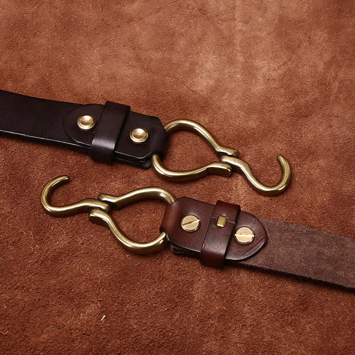 Cintura da uomo in pelle di cavalleria con fibbia a gancio in ottone intrecciato