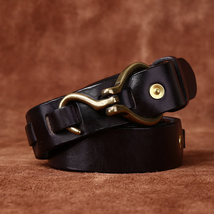 Cintura da uomo in pelle di cavalleria con fibbia a gancio in ottone intrecciato