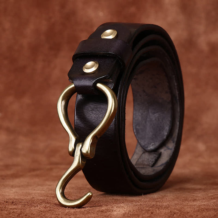 Cintura da uomo in pelle di cavalleria con fibbia a gancio in ottone intrecciato