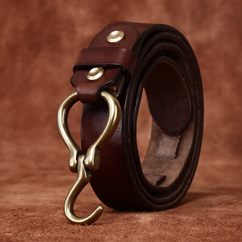 Cintura da uomo in pelle di cavalleria con fibbia a gancio in ottone intrecciato