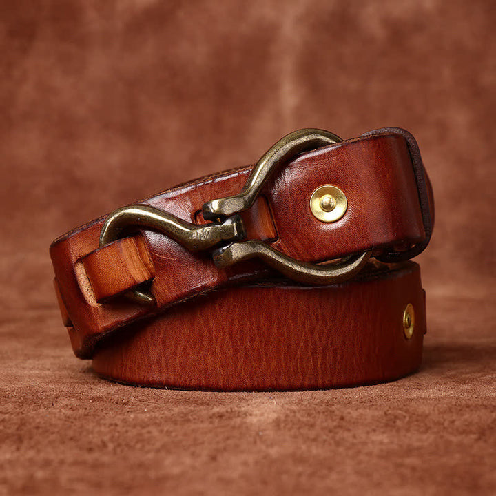 Cintura da uomo in pelle di cavalleria con fibbia a gancio in ottone intrecciato