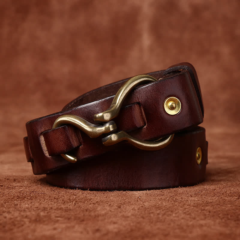 Cintura da uomo in pelle di cavalleria con fibbia a gancio in ottone intrecciato