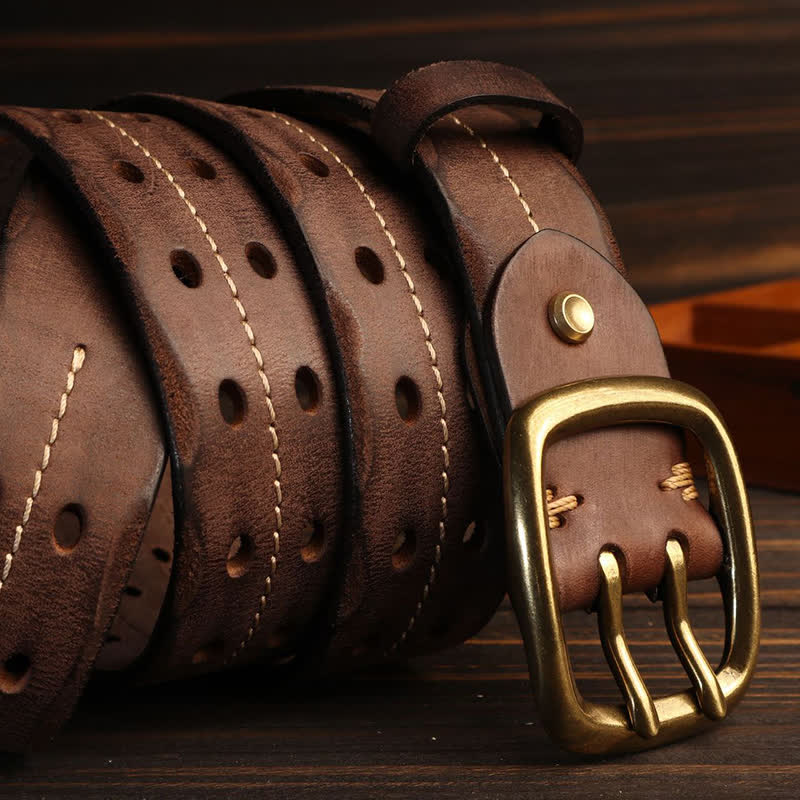Cintura in pelle con fibbia in ottone a doppio foro da uomo