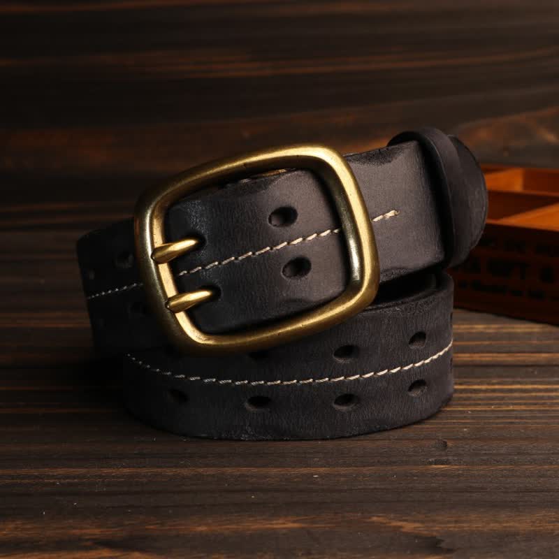 Cintura in pelle con fibbia in ottone a doppio foro da uomo