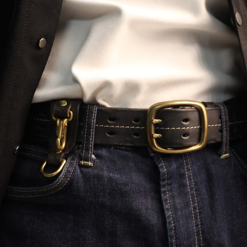 Cintura in pelle con fibbia in ottone a doppio foro da uomo