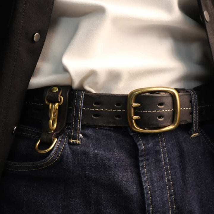 Cintura in pelle con fibbia in ottone a doppio foro da uomo