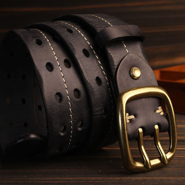 Cintura in pelle con fibbia in ottone a doppio foro da uomo