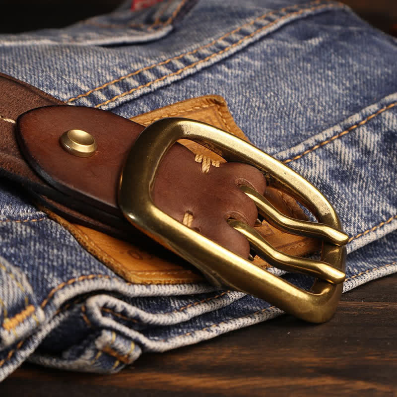 Cintura in pelle con fibbia in ottone a doppio foro da uomo