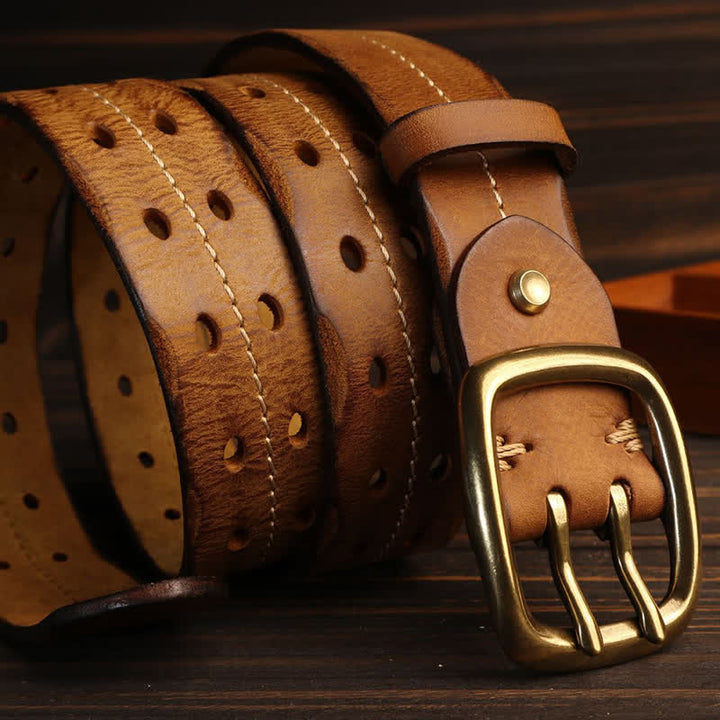 Cintura in pelle con fibbia in ottone a doppio foro da uomo