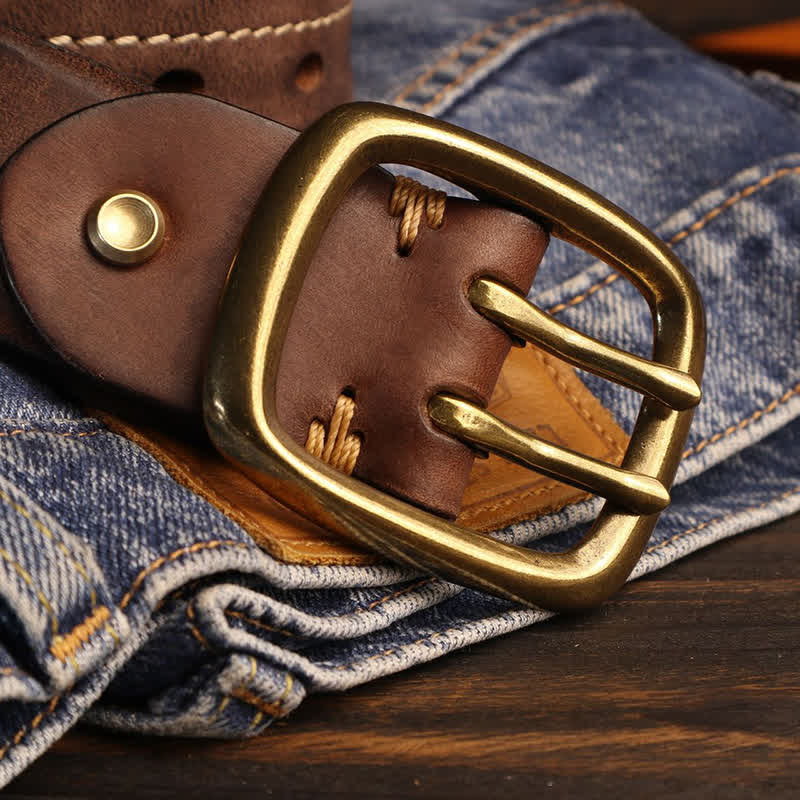 Cintura in pelle con fibbia in ottone a doppio foro da uomo