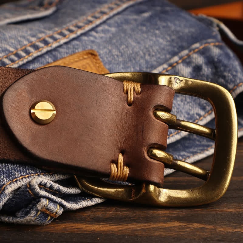 Cintura in pelle con fibbia in ottone a doppio foro da uomo