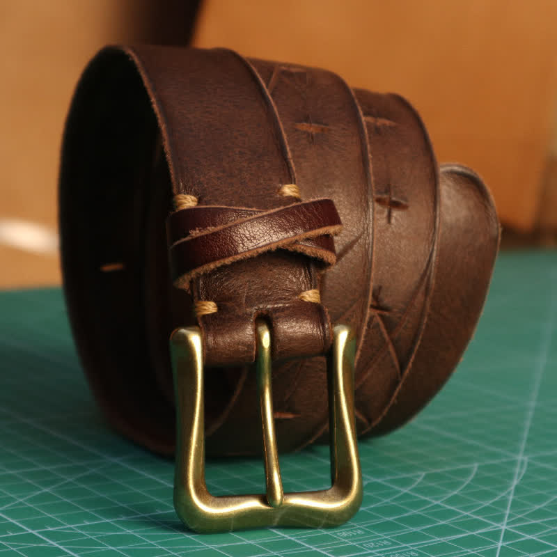Cintura in pelle con design a croce tagliato a mano da uomo