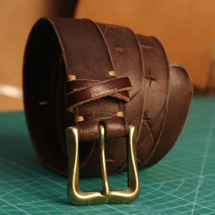 Cintura in pelle con design a croce tagliato a mano da uomo