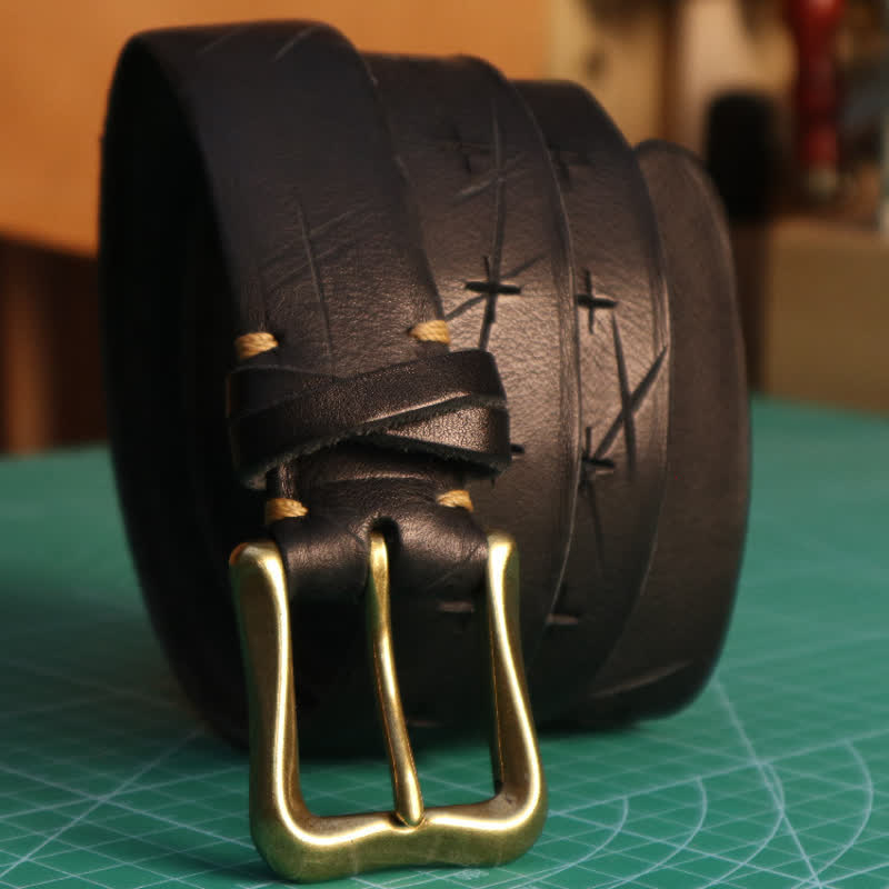 Cintura in pelle con design a croce tagliato a mano da uomo