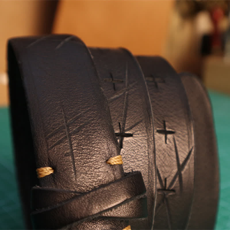 Cintura in pelle con design a croce tagliato a mano da uomo