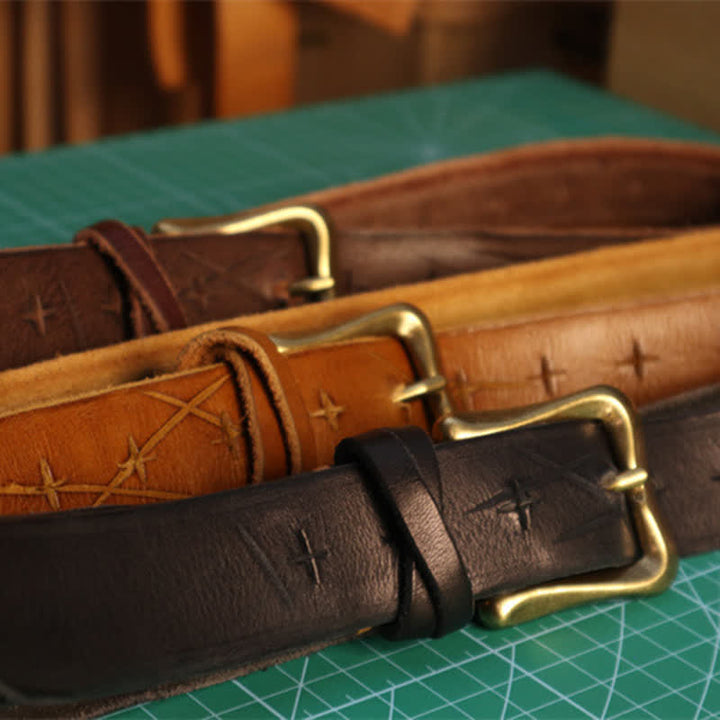 Cintura in pelle con design a croce tagliato a mano da uomo