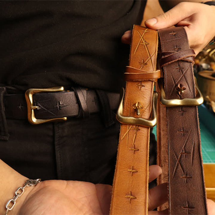 Cintura in pelle con design a croce tagliato a mano da uomo