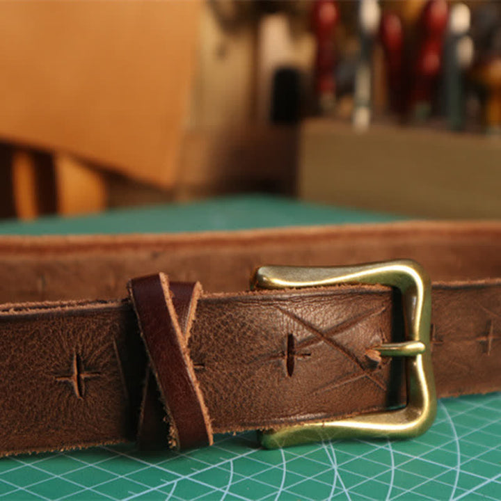 Cintura in pelle con design a croce tagliato a mano da uomo