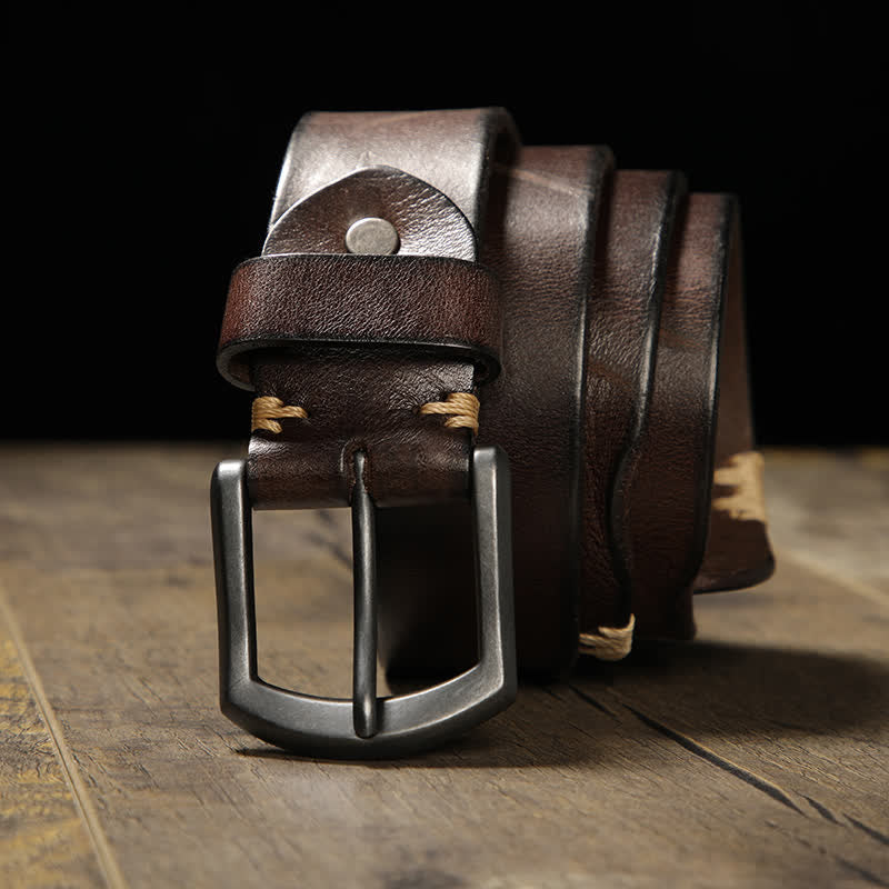 Cintura in pelle da uomo con cuciture retrò e jeans coordinati - Caffè - 44 - image 0