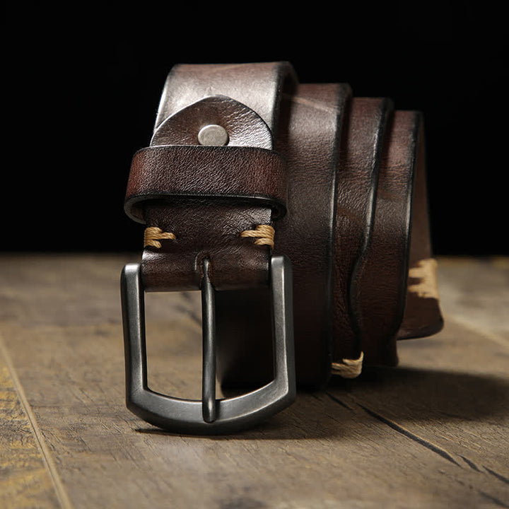 Cintura in pelle da uomo con cuciture retrò e jeans coordinati - Caffè - 44 - image 0