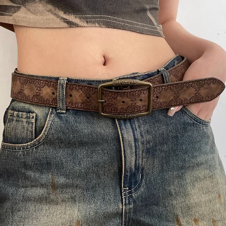 Cintura in pelle con motivo inciso marrone scuro da donna