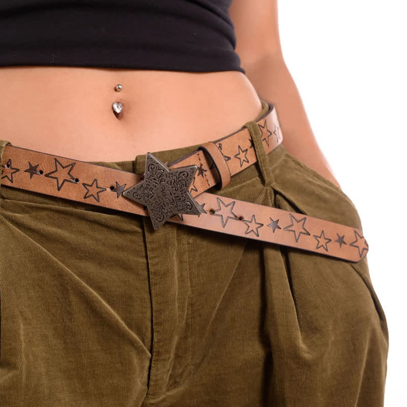 Cintura in pelle con fibbia e motivo a stella semplice da donna - Marrone chiaro - 32 - image 0