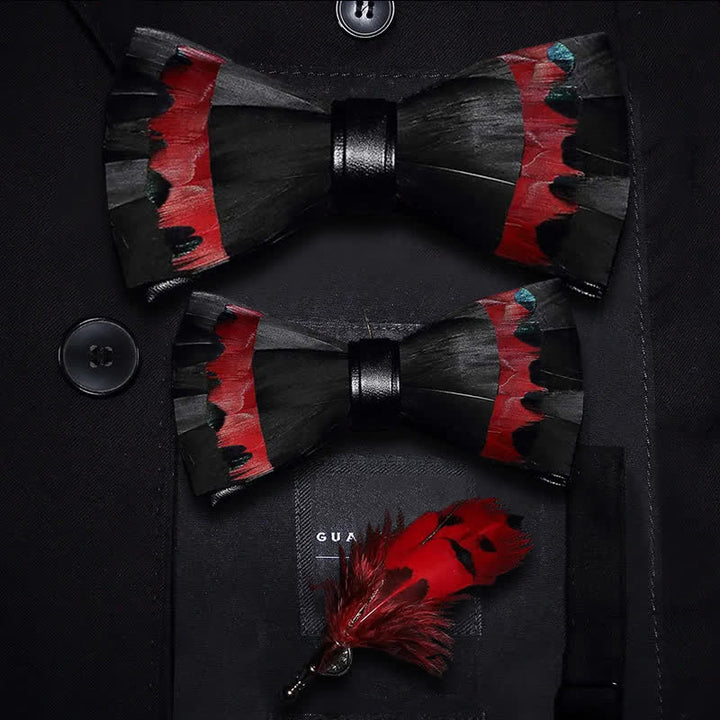 Papillon con piume di cigno nere e rosse con spilla da bavero - Set Genitore-Figlio - image 6