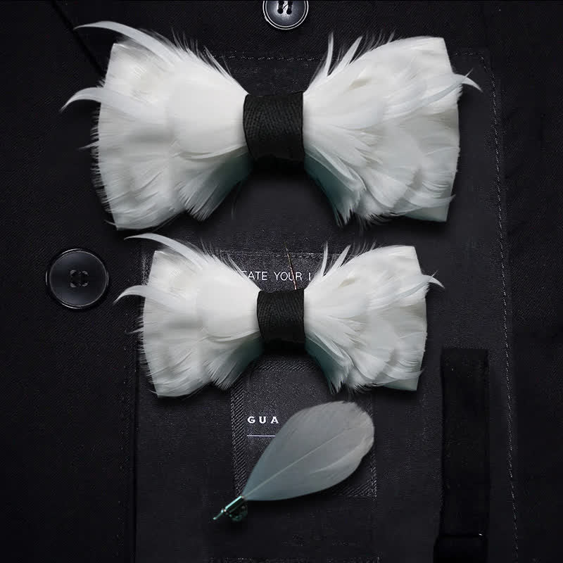 Papillon elegante con piume bianco e nero con spilla da bavero - Set Genitore-Figlio - image 4