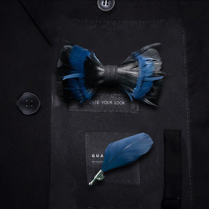 Papillon con piume blu notte e nere con spilla da bavero