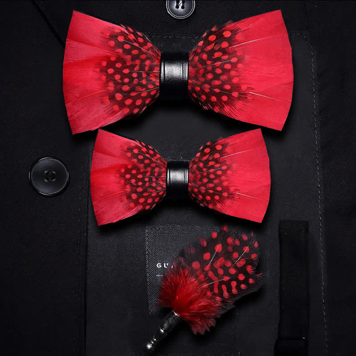 Papillon con piume di fringuello rosse e nere con spilla da bavero - Set Genitore-Figlio - image 8