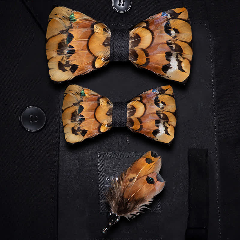 Papillon con piume di fagiano beige e oro con spilla da bavero - Set Genitore-Figlio - image 5