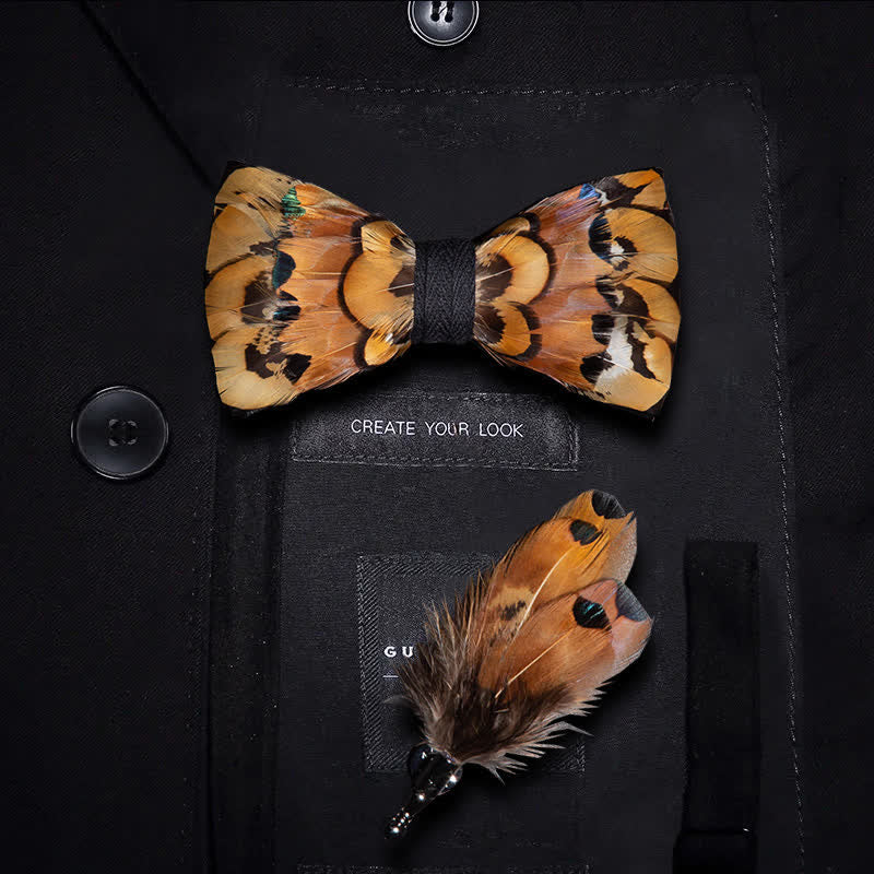 Papillon con piume di fagiano beige e oro con spilla da bavero - Ragazzo - image 4
