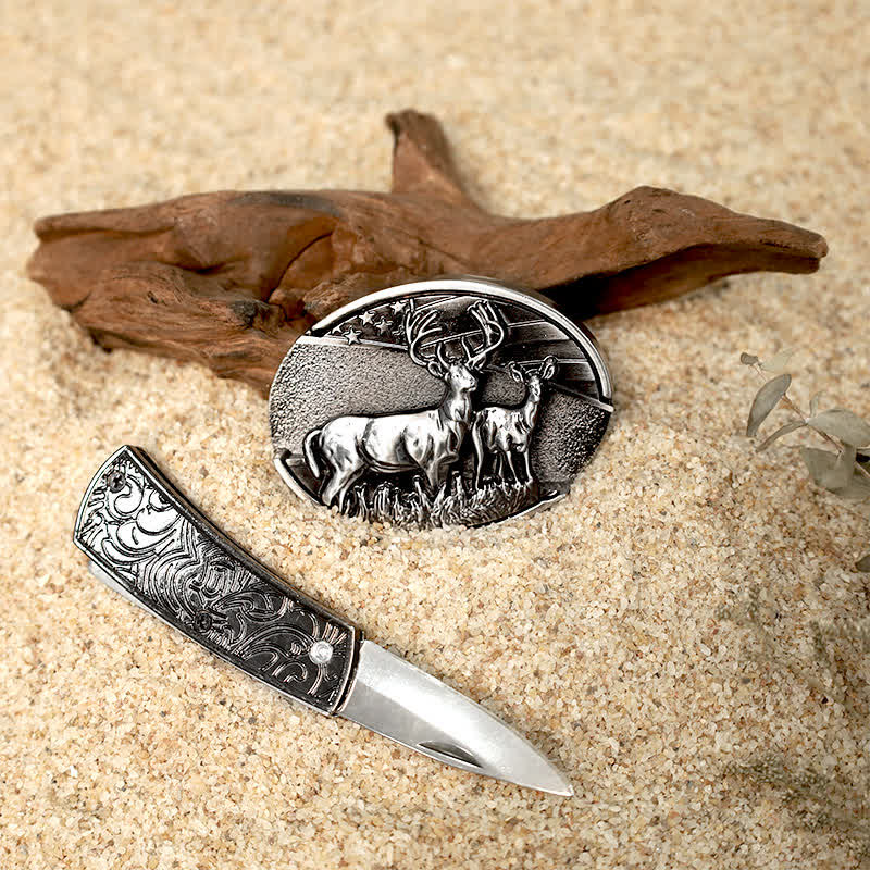 Set di fibbie per cintura in pelle con coltello pieghevole nascosto fai da te Flower Deer