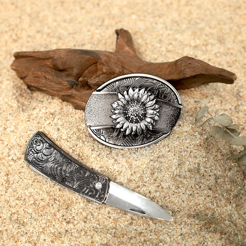 Set di fibbie per cintura in pelle con coltello pieghevole nascosto fai da te Flower Deer
