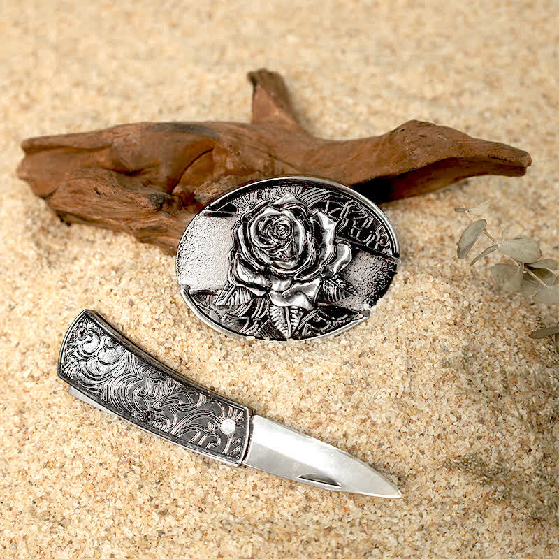 Set di fibbie per cintura in pelle con coltello pieghevole nascosto fai da te Flower Deer
