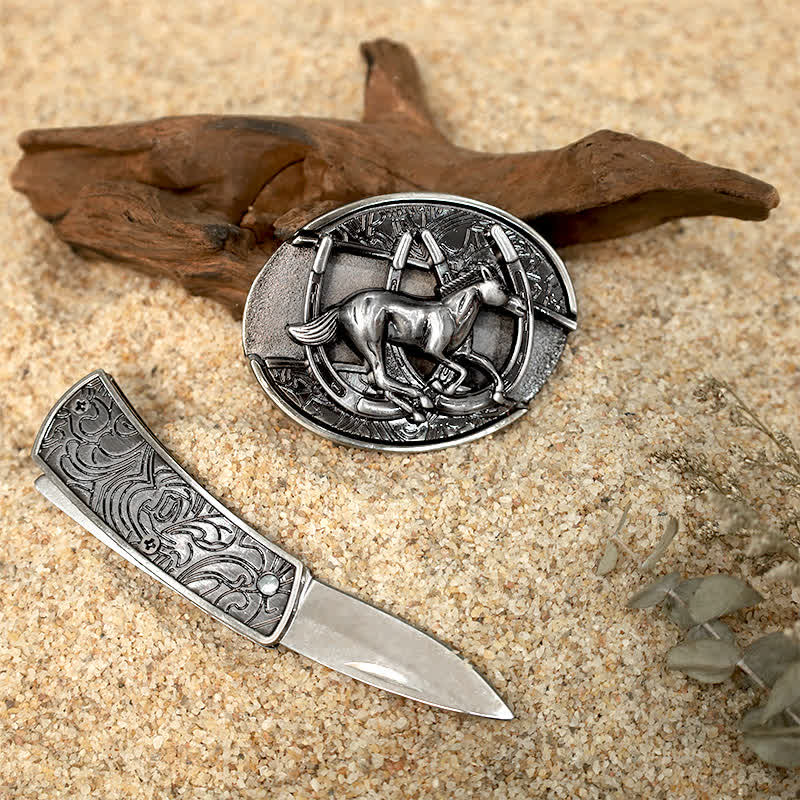 Set di fibbie per cinture in pelle con coltello pieghevole nascosto fai da te con motivo animale