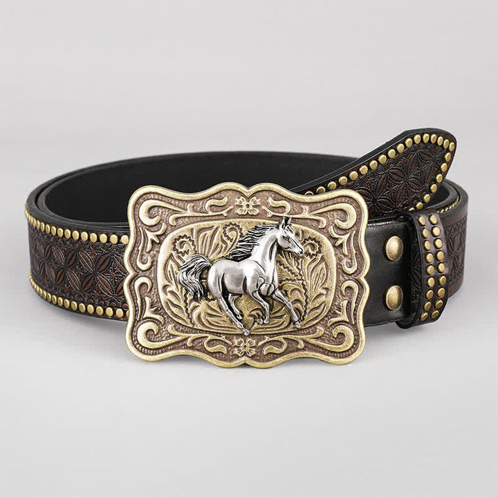 Cintura in pelle marrone scuro con rivetti a forma di cavallo da corsa