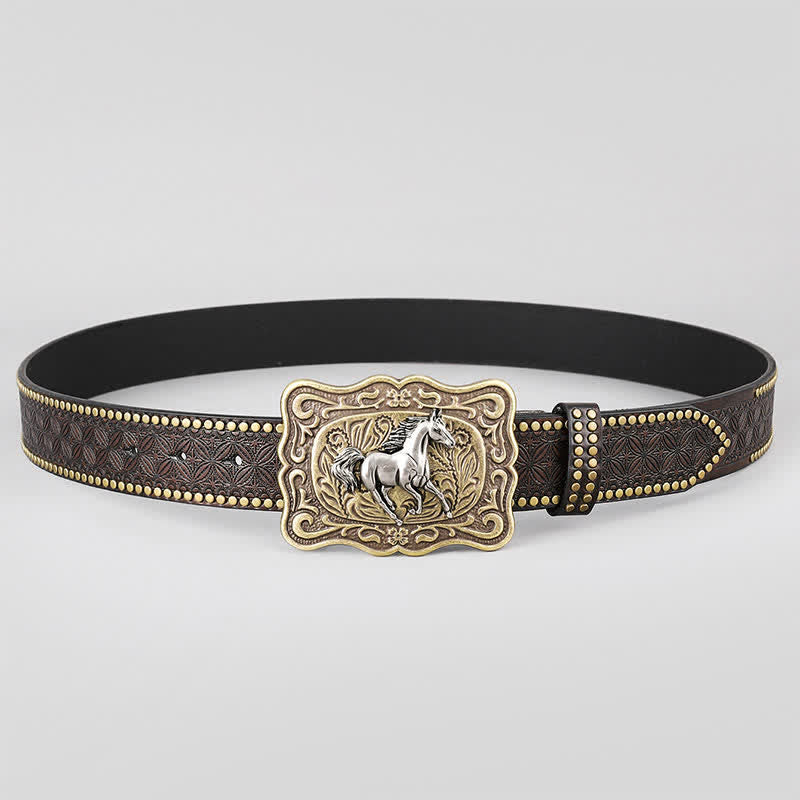 Cintura in pelle marrone scuro con rivetti a forma di cavallo da corsa