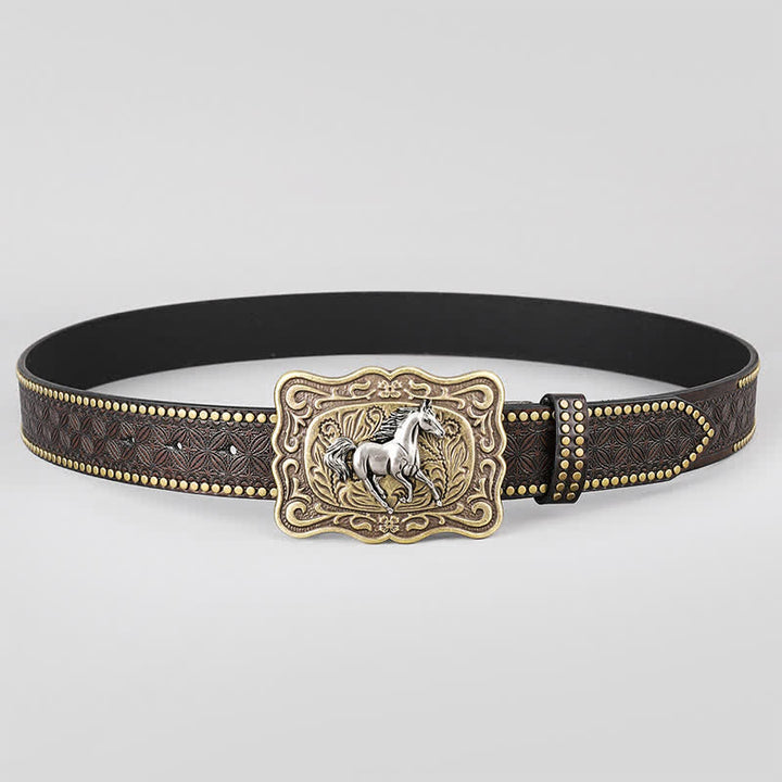 Cintura in pelle marrone scuro con rivetti a forma di cavallo da corsa