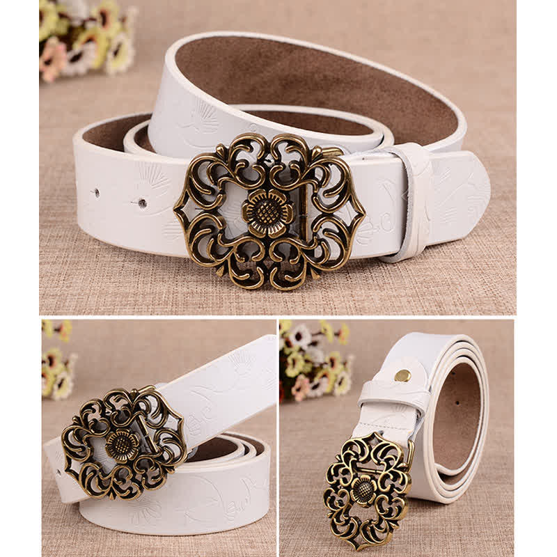 Cintura in pelle goffrata retrò con girasole cavo da donna