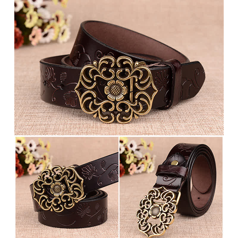 Cintura in pelle goffrata retrò con girasole cavo da donna