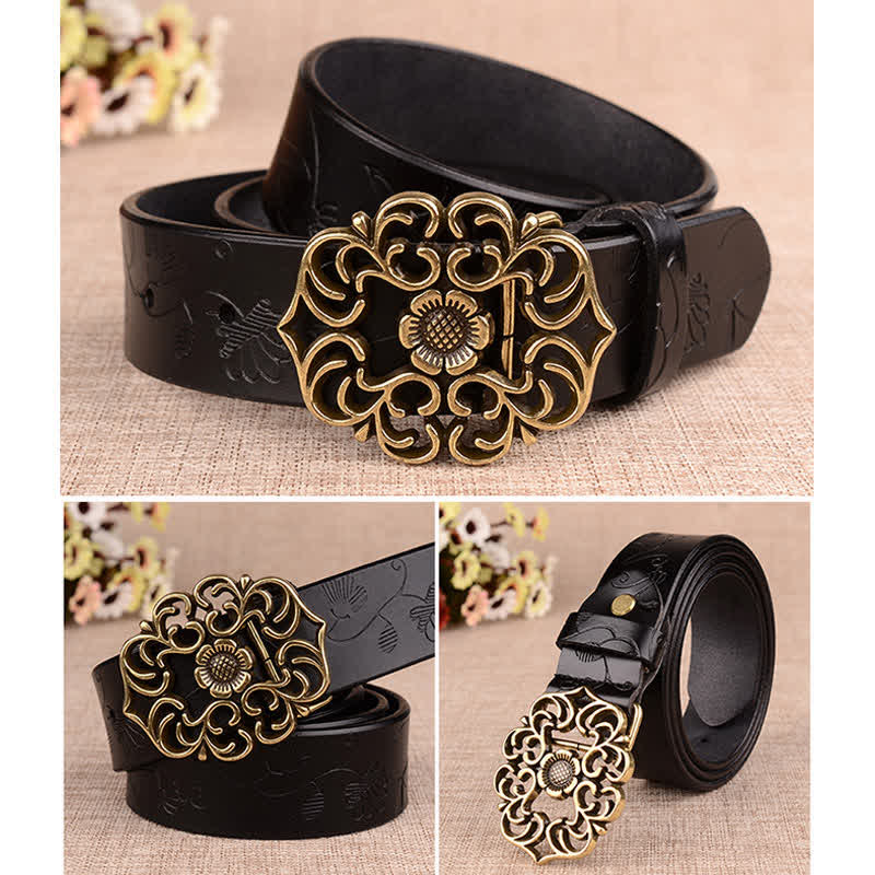 Cintura in pelle goffrata retrò con girasole cavo da donna