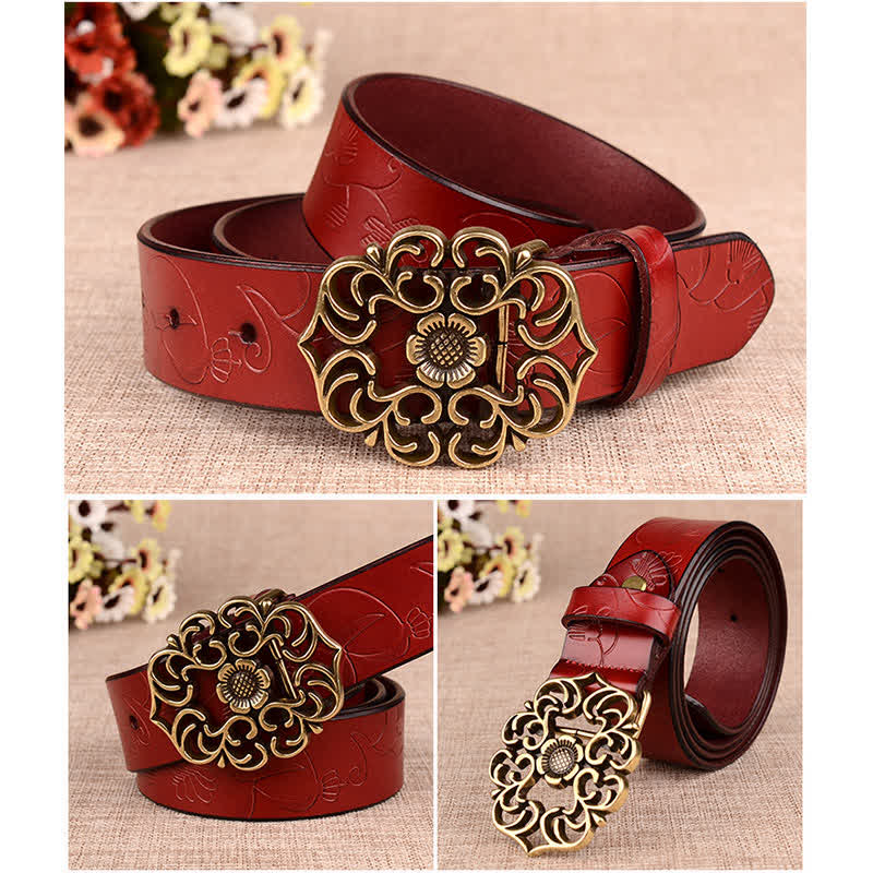 Cintura in pelle goffrata retrò con girasole cavo da donna