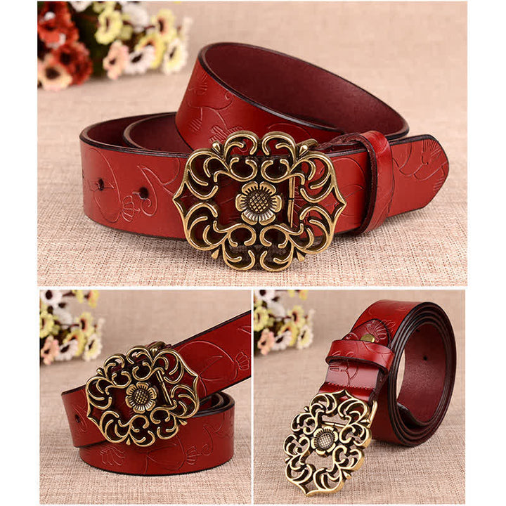 Cintura in pelle goffrata retrò con girasole cavo da donna
