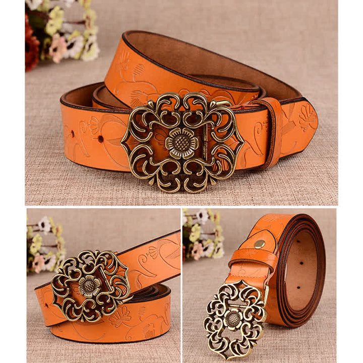 Cintura in pelle goffrata retrò con girasole cavo da donna