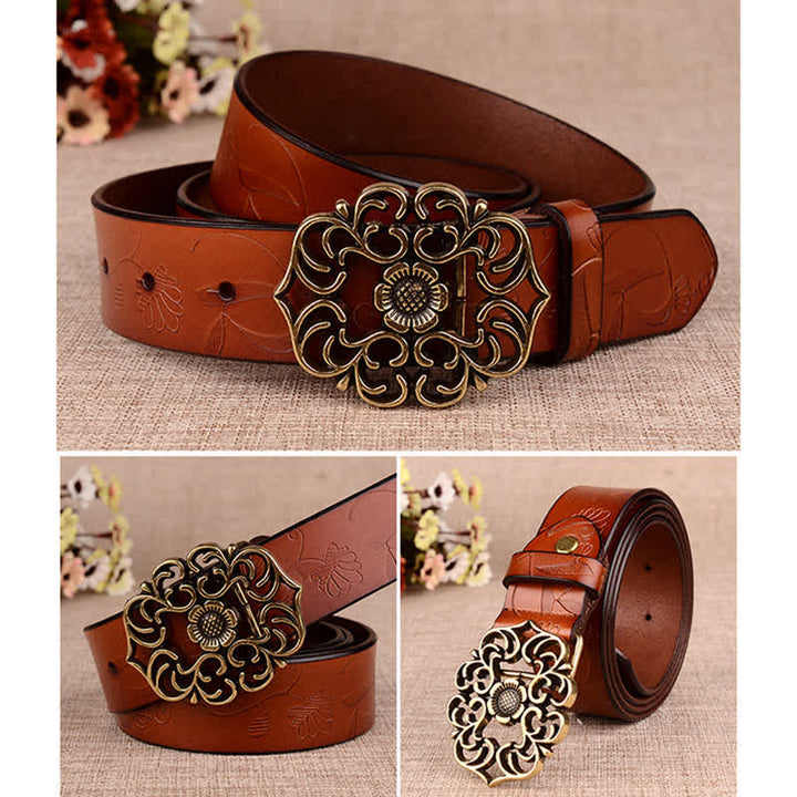 Cintura in pelle goffrata retrò con girasole cavo da donna