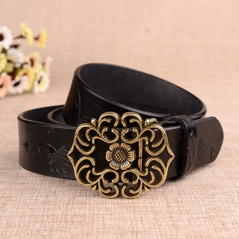 Cintura in pelle goffrata retrò con girasole cavo da donna
